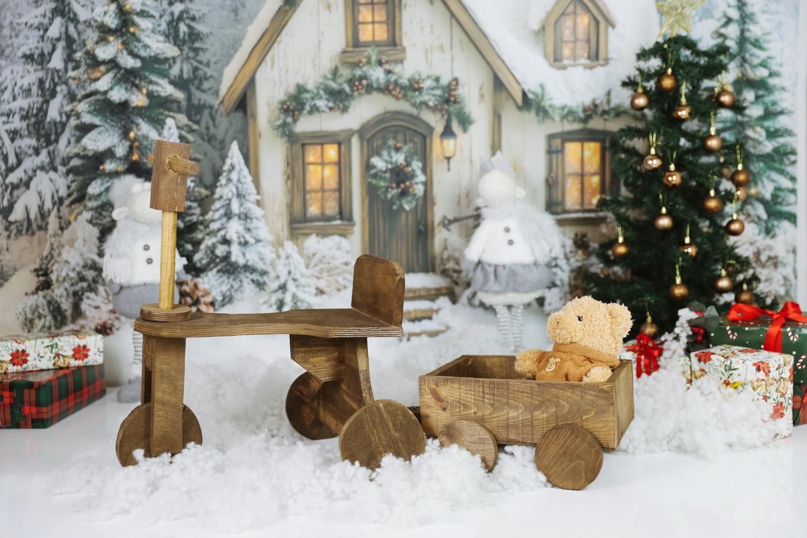 Warm winter setting with wooden toy, teddy bear, and festive decorations.