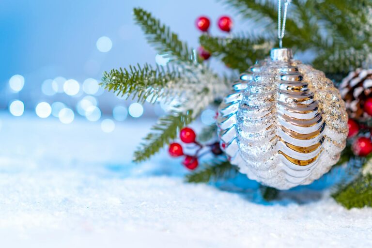 Shiny silver bauble with berries and snow on a festive evergreen branch.
