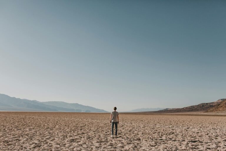 A solitary person stands in a vast desert, symbolizing isolation and exploration.