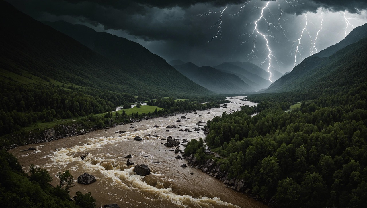 ai generated, river, storm, lightning, rain, mountains, flood, flooding, nature, flood, flood, flood, flood, flood