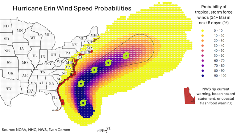 Hurricane Erin Forecast to Send Tropical Storm Force Winds to These Coastal Counties