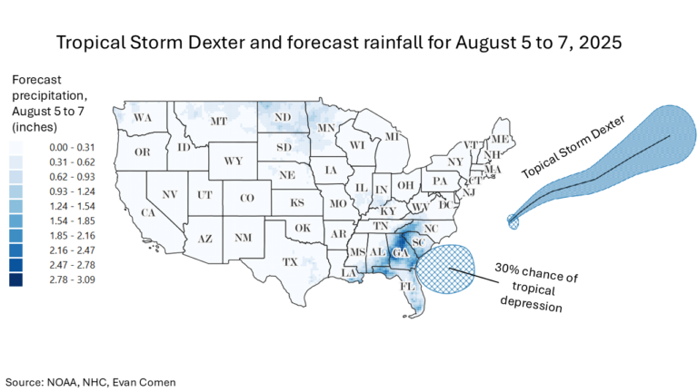 Tropical Storm Dexter to Dump Multiple Inches of Rainfall on These Southeast Cities