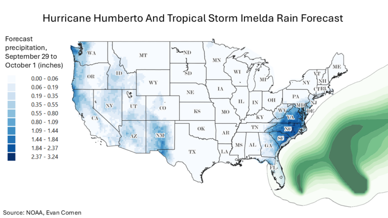 Tropical Storm Imelda Joins Hurricane Humberto, Bringing Rain and Flood Risk to These Cities