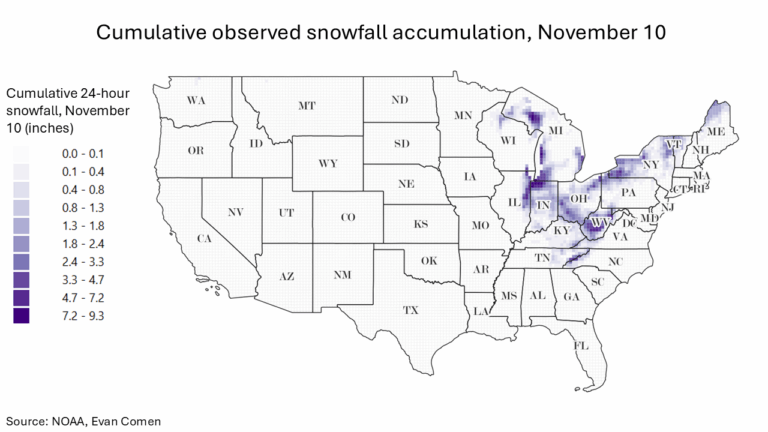 The Cities Where It Snowed the Most On Monday