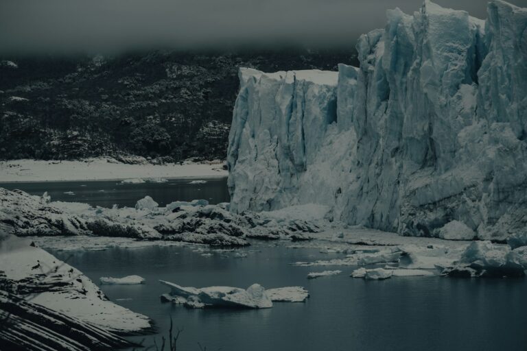 a body of water with ice and snow on the side