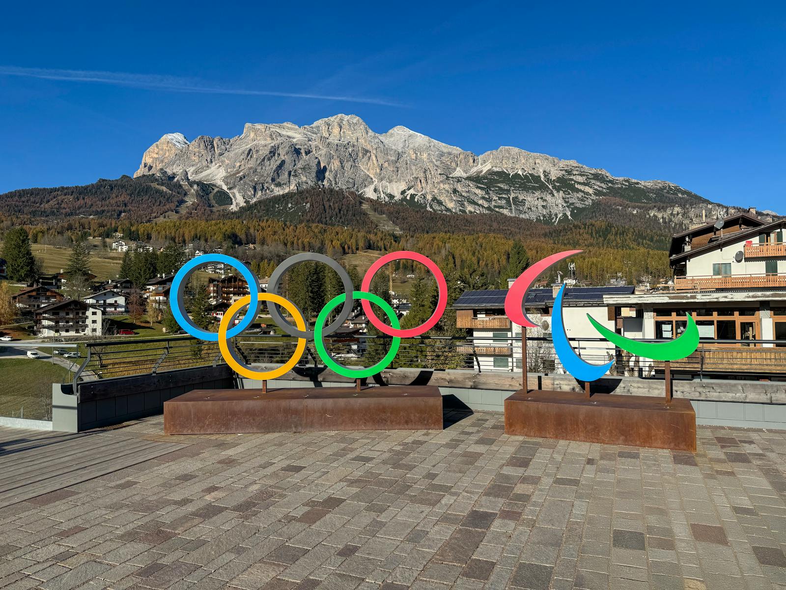 Stunning view of Olympic and Paralympic symbols set against the Italian Alps in Cortina d'Ampezzo.