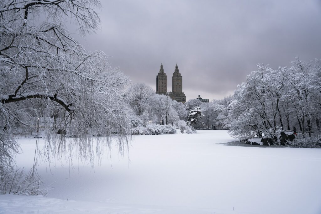 A snow covered park with a clock tower in the background