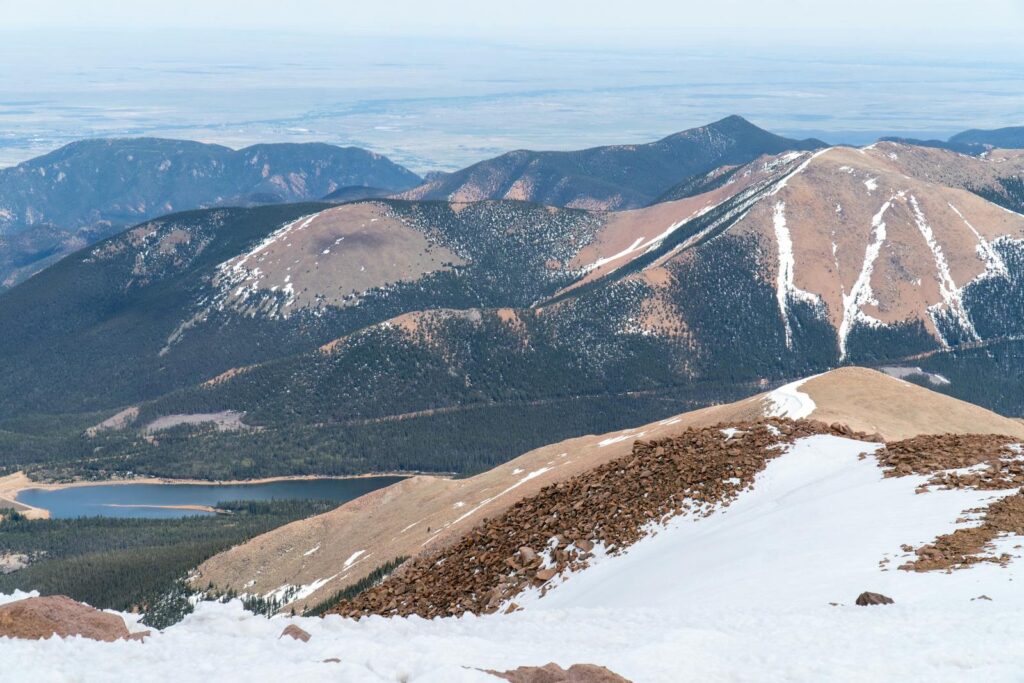 Snow-capped mountains and alpine scenery from Pikes Peak, Colorado.