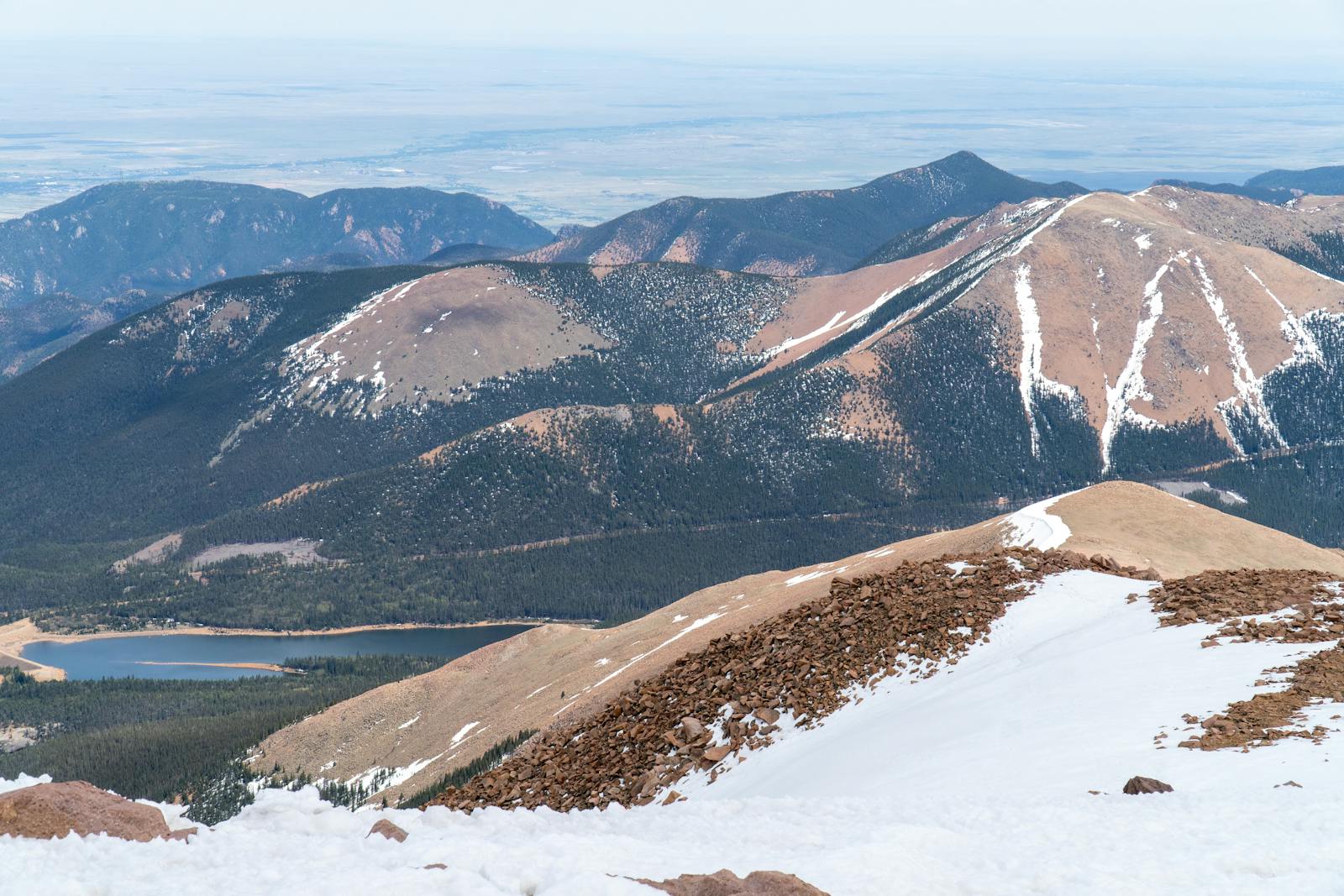 Snow-capped mountains and alpine scenery from Pikes Peak, Colorado.