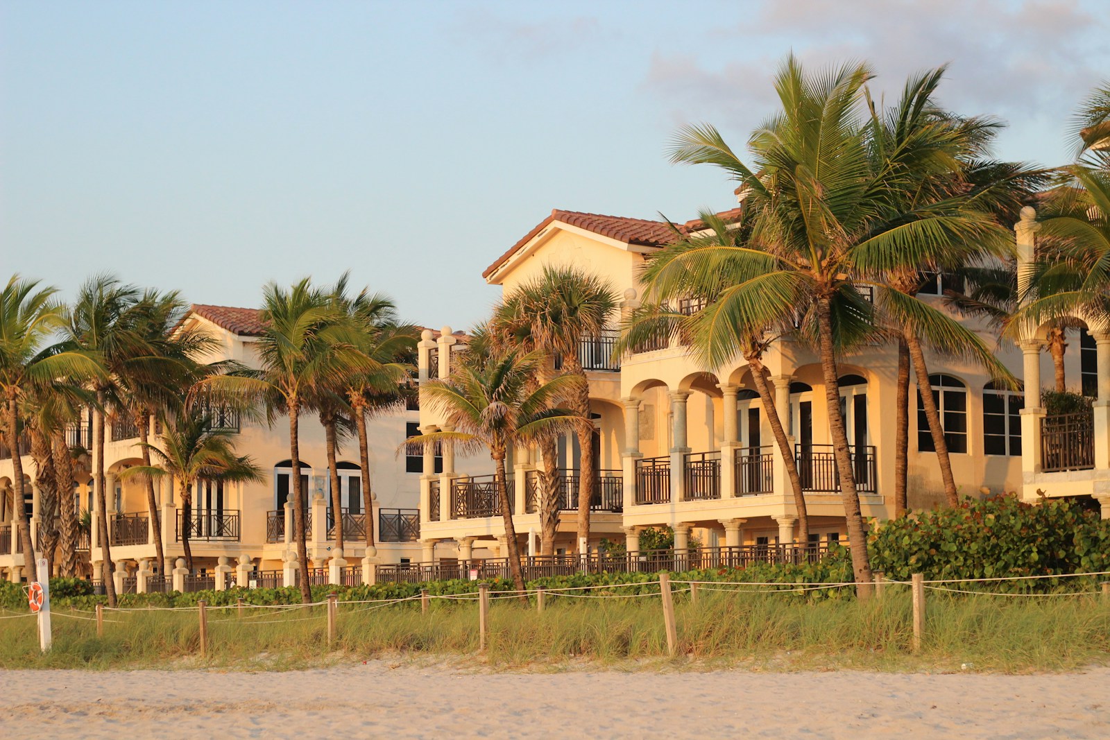 A row of houses on a beach with palm trees