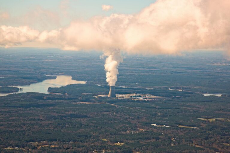Aerial photo showcasing the nuclear power plant surrounded by natural landscapes in Raleigh, NC.