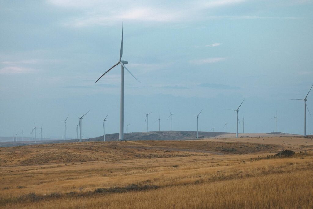 Wide view of wind turbines in a rural setting harnessing wind energy for sustainable power.