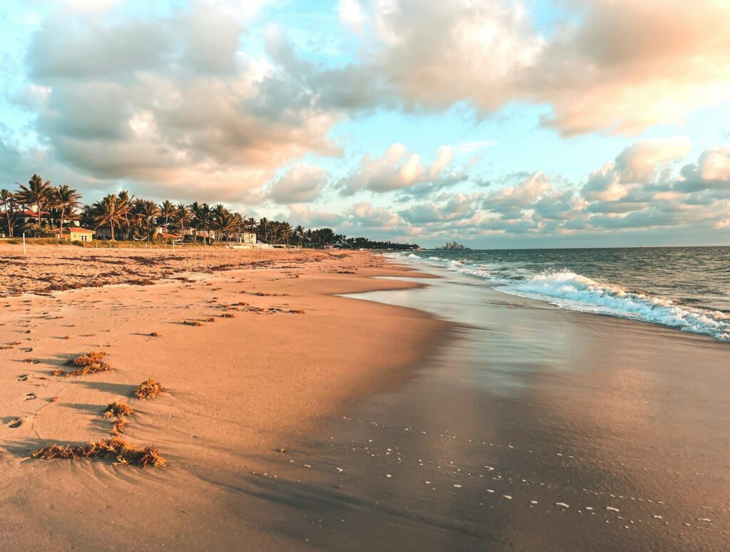 a sandy beach with waves coming in from the ocean