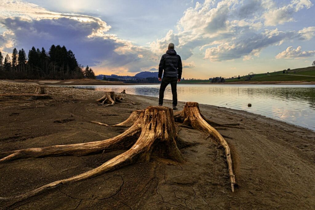 Solitary figure standing on tree stump by a serene lake during a vibrant sunset.