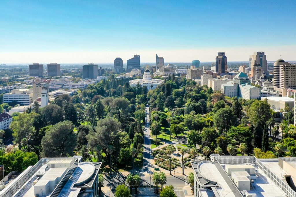 a view of a city from a tall building