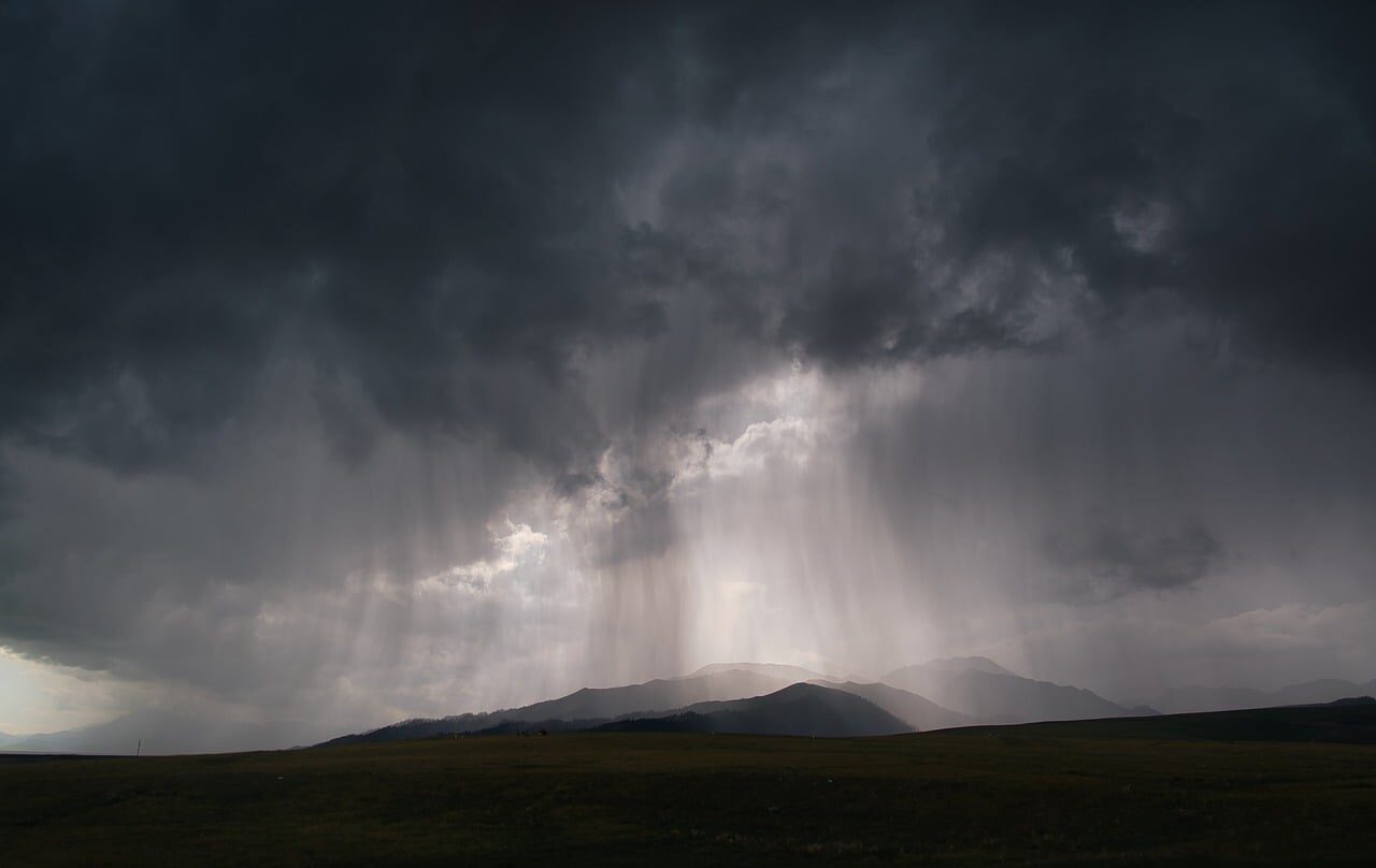 thunderstorm, rain, double rainbow, clouds, dark sky, nature, atmosphere, mountains, light, raindrops, stormy weather, outdoors, dramatic, rainy, pasture, natural beauty, panorama, atmospheric, wilderness