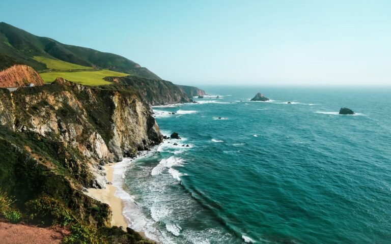 Breathtaking view of Big Sur's rugged coastline with cliffs and waves in California, USA.
