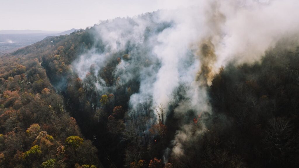 Aerial view of smoke rising from forest fires in Chattanooga, Tennessee, USA.