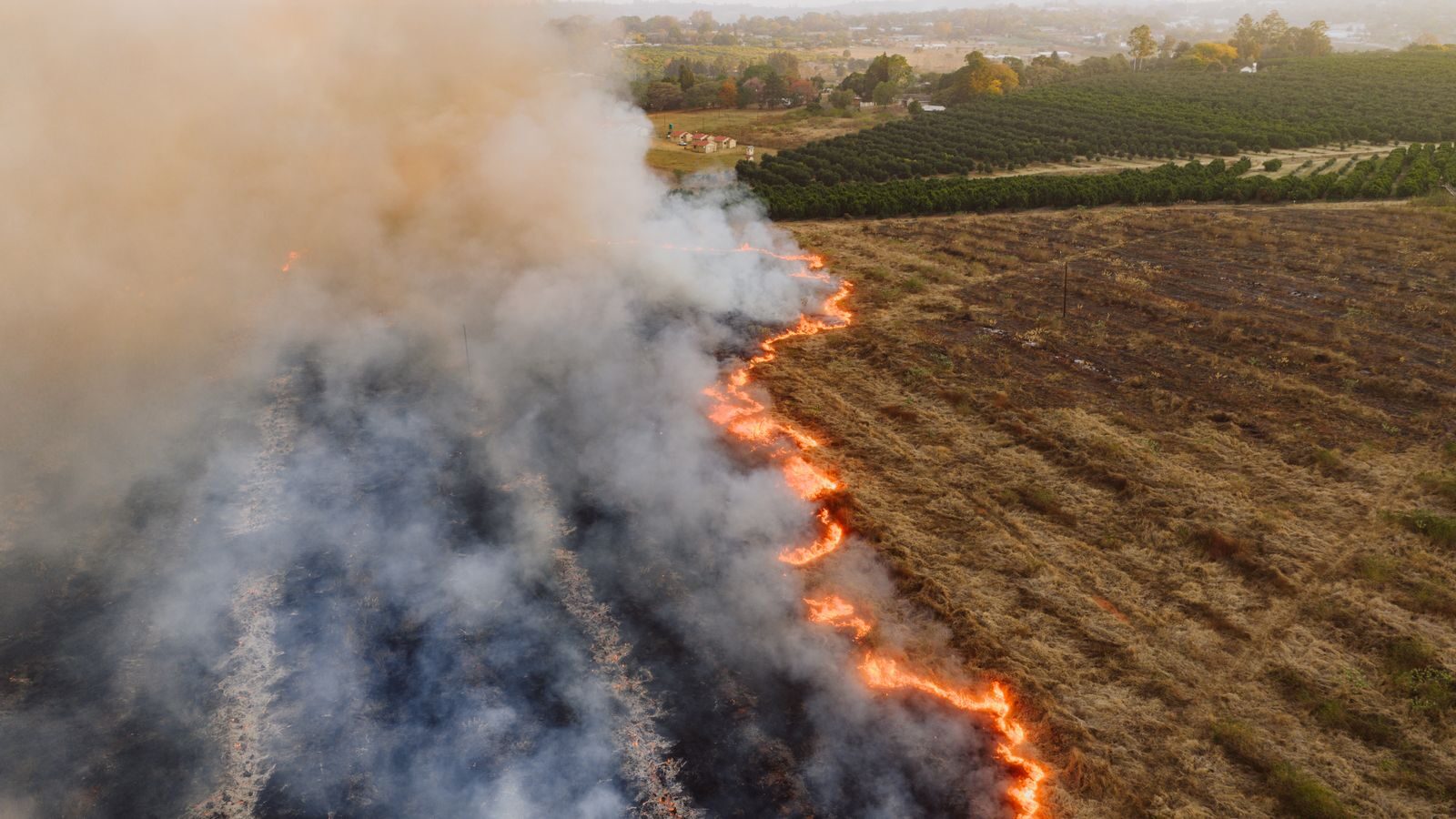 A dramatic aerial shot of a field fire near White River, revealing striking contrast of flames and smoke.