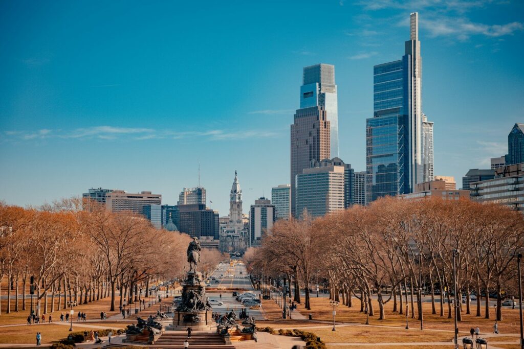 a view of a city with tall buildings in the background